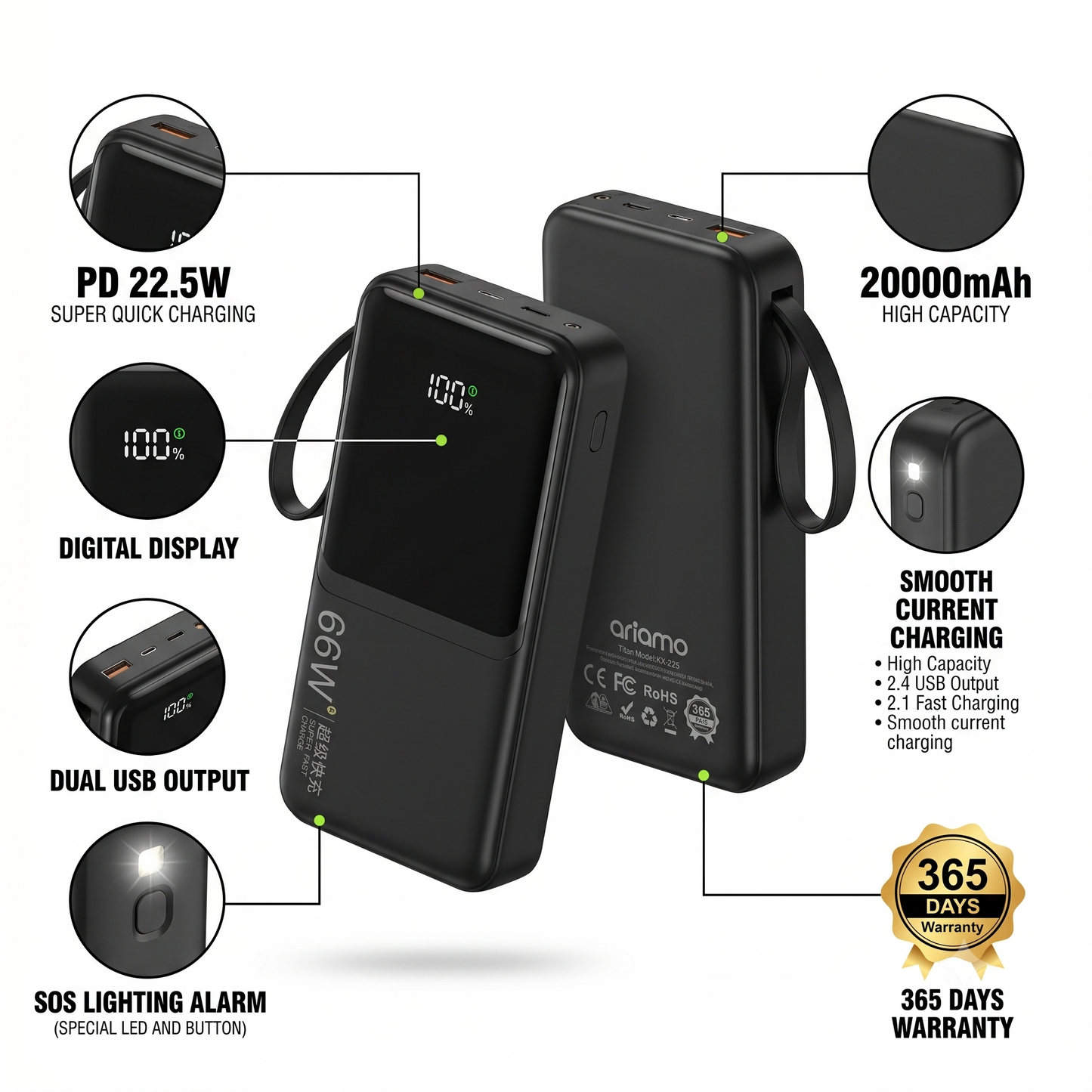 Ariamo TITAN 20000mAh 66W Super Fast Charging Power Bank (Model: KX-225)